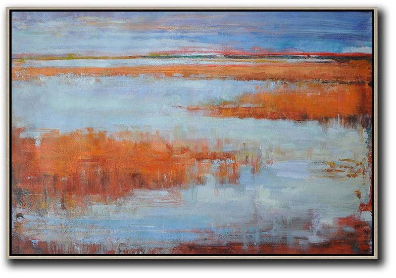 Horizontal Abstract Landscape Oil Painting On Canvas,Hand Paint Abstract Painting,Blue,Orange,Grey,Red
